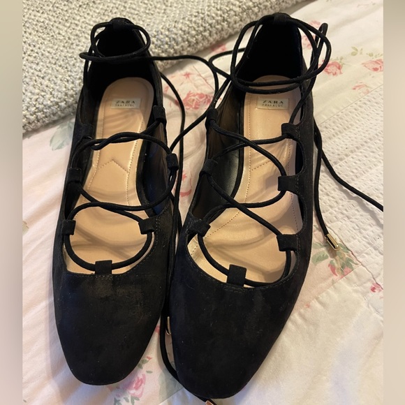 ZARA Trafaluc black faux suede  lace up ballet slipper flats Sz 41 - Picture 2 of 5